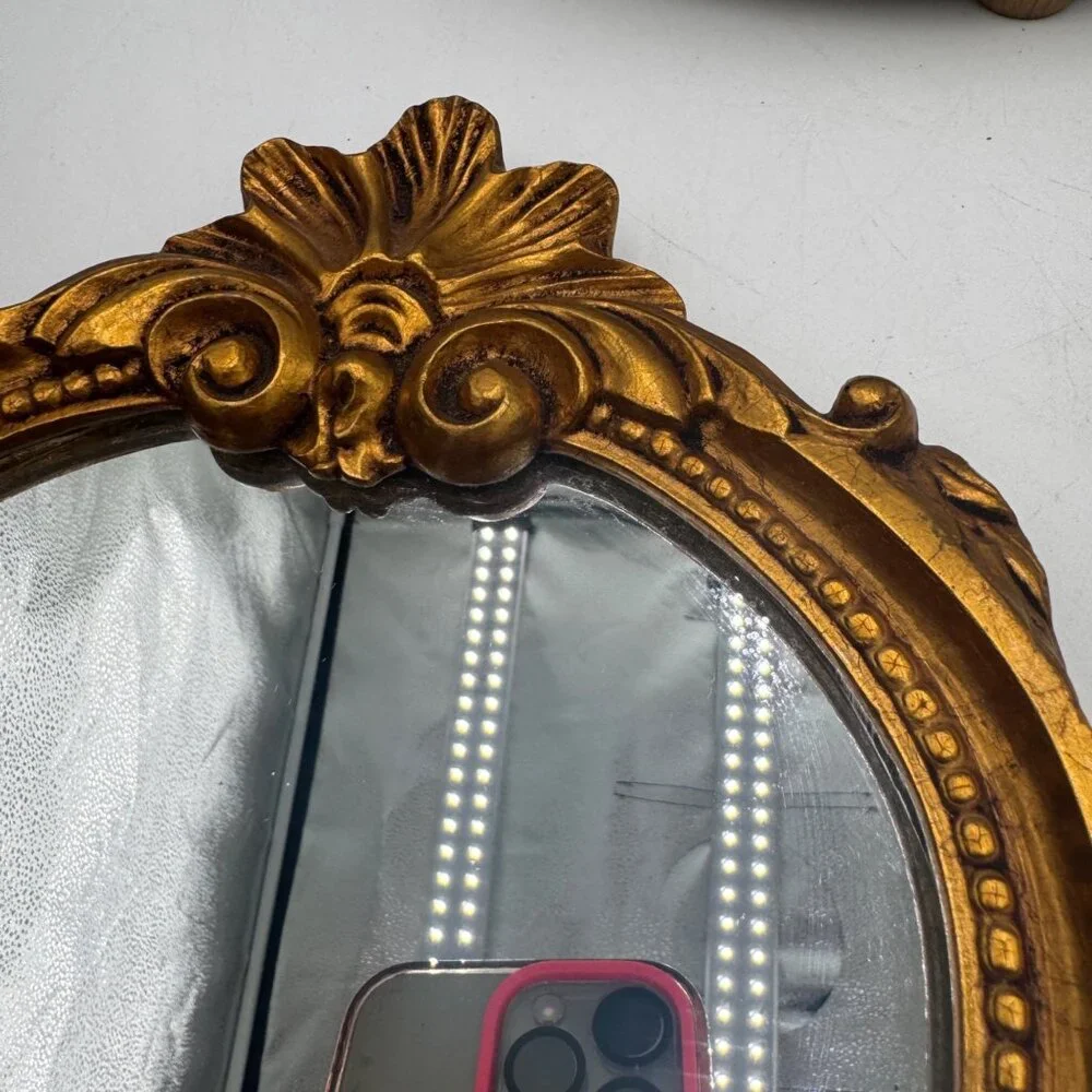 French-style ornate wall mirror, rococo or baroque decorative elements in a gil